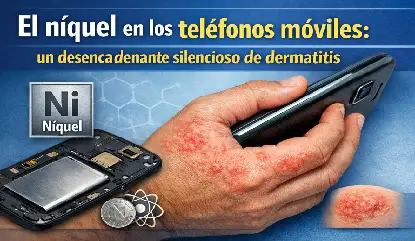 Dermatitis en la mano causada por níquel en el móvil , con ilustración del elemento químico Ni.