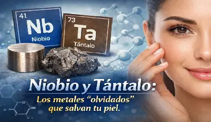 Niobio y tántalo en joyería hipoalergénica junto a una modelo tocando su piel, ilustrando metales seguros para personas con alergia al níquel.