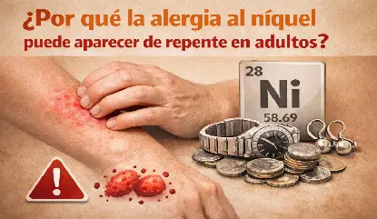 Alergia al níquel en adultos con dermatitis en la piel mientras una persona se rasca el brazo, junto a objetos metálicos como reloj, pendientes y monedas que contienen níquel.