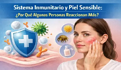 Ilustración sobre sistema inmunitario y piel sensible mostrando una mujer con enrojecimiento facial junto a iconos de virus, bacterias, alérgenos y un escudo de defensa inmunológica.