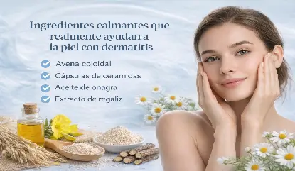 Ingredientes calmantes para la dermatitis: avena, aloe vera y ceramidas sobre fondo neutro
