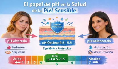 Infografía del pH en la salud de la piel sensible con escala ácido-alcalino y efectos sobre la barrera cutánea