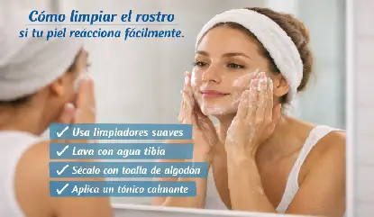 Mujer aplicando limpiador facial suave para piel sensible